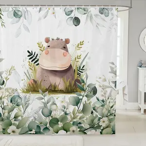 Cute Hippo Shower Curtain for Kids Child Green Eucalyptus Waterproof Bathroom Curtain, Woodland Animal Bath Curtain