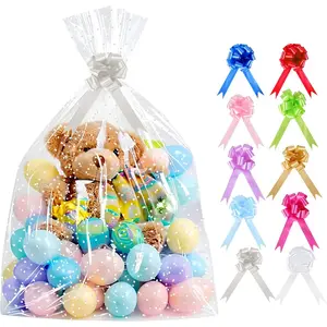 10 Pack Large Cello/Cellophane Bags with White Polka Dots (30in x 40in) - Clear Plastic  Bag, Cellophane Wrap  Basket Bags for Fruit Baskets, Boxes,Easter eggs & Christmas Trees, with 10 Colour Bows