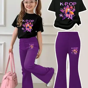 Girls' Short Sleeve & Bell Bottoms Set, Kpop Demon Hunters Design, Casual Comfortable, Breathable, All Seasons Wear