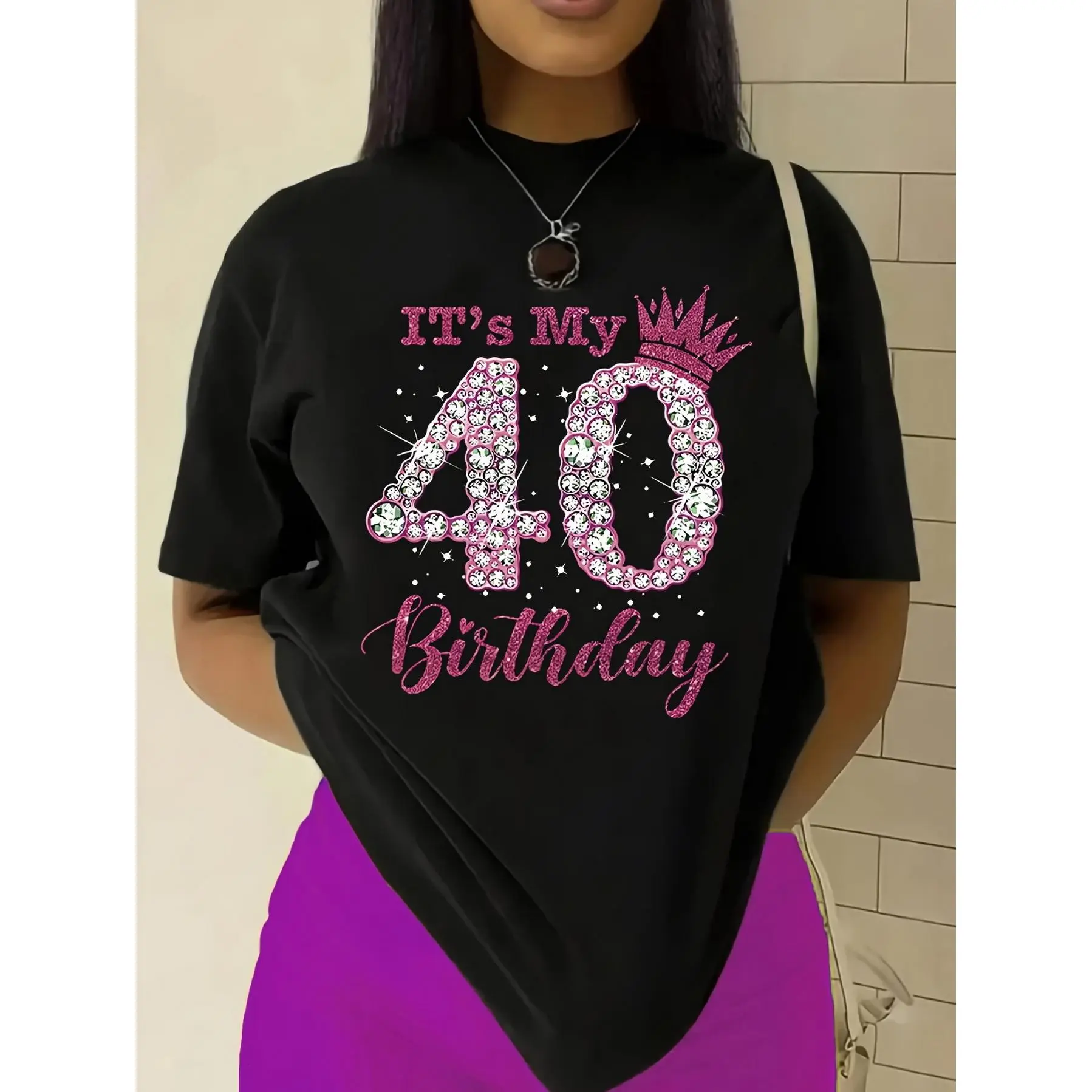 Women's 40th Birthday Tee, Sparkly Short Sleeve 100% Cotton with Pink Crown Graphic and Glitter Embellishments, Glitter Embellishments Women's T-Shirts, Sparkly Short Sleeve Women's T-Shirts