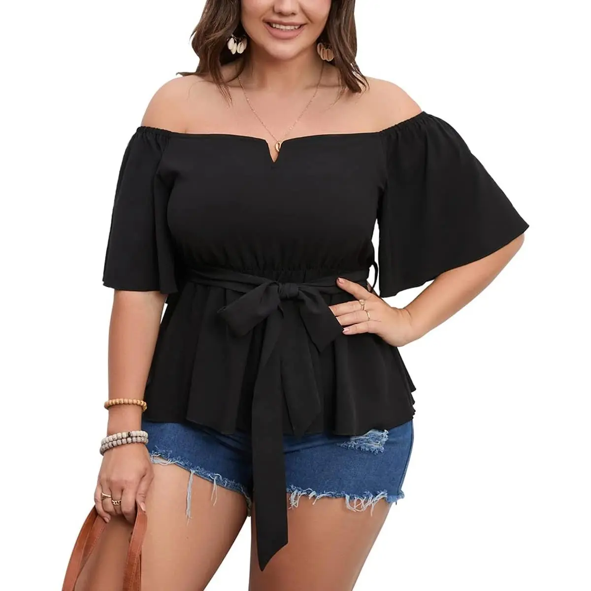 SCOMCHIC Women's Plus Size Casual Ruffled Off-The-Shoulder Peplum Blouse - Half Bell Sleeves, Tie Waist, Ruffle Hem Babydoll Clothes