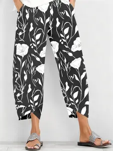 Women's Floral Print Capri Pants, Elastic Waist Wide Leg, Asymmetrical Hem, Pockets, Boho Style, All Seasons