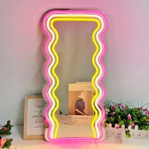 Wavy Mirror Neon Signs for Wall Decor, USB Powered Wall Mounted Decorative Mirror with Dimmable Neon Lights, Atmosphere Light Sign, LED Signs, Funny Preppy Room Decor and Office Decor, Colorful