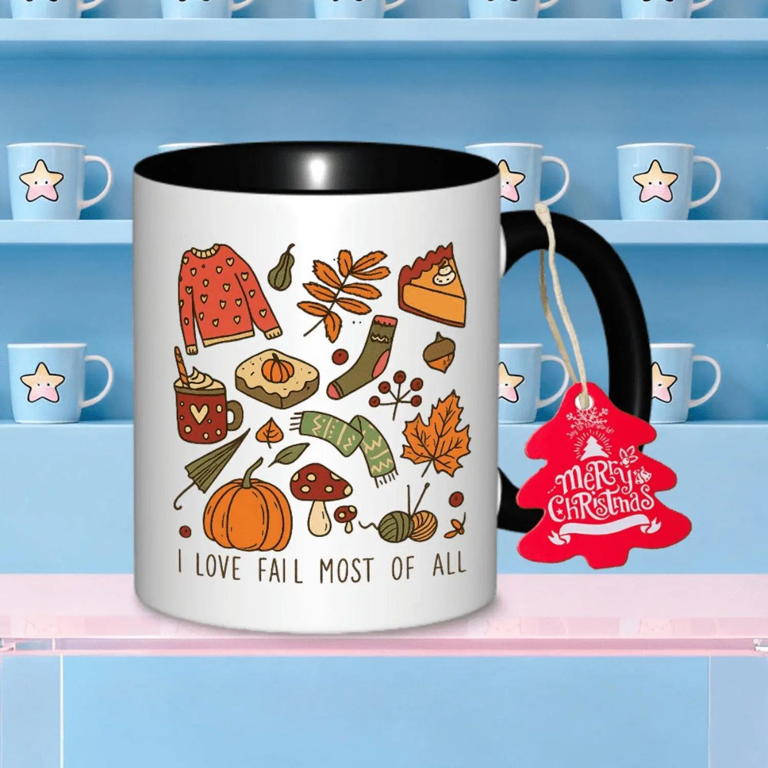 A Ceramic Coffee Mug Featuring a Logo with Pumpkin Leaves, Mushrooms, And Cozy Sweaters. This Coffee Cup Is Perfect for Enjoying Tea, Milk, Or Water During Everyday Activities. It Makes a Delightful for halloween Gift And Is Practical for Relaxing M