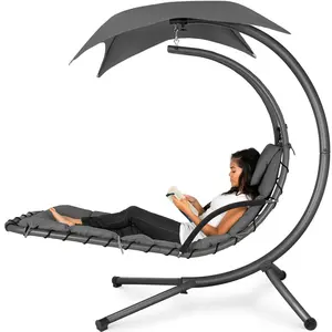 Outdoor Hanging Curved Steel Chaise Lounge Chair Swing w/Built-in Pillow and Removable Canopy