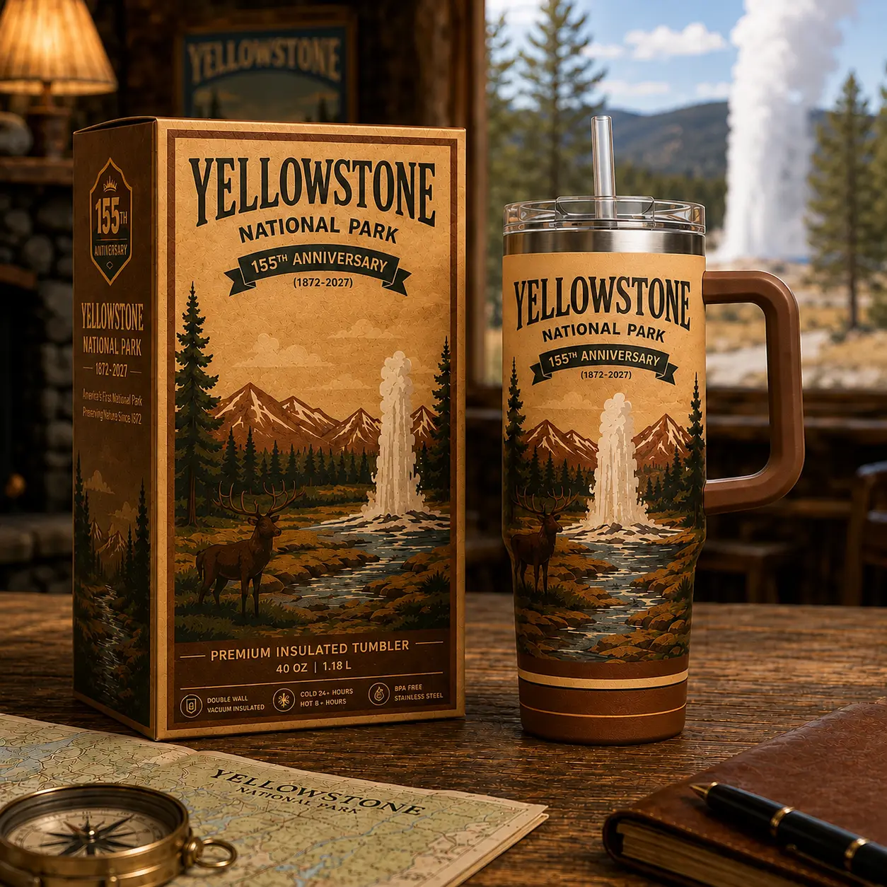 Yellowstone National Park 155th Anniversary 1872-2027 Stainless Steel Tumbler Cup with Handle & Straw 40oz | Insulated Travel Mug Gift for Campers