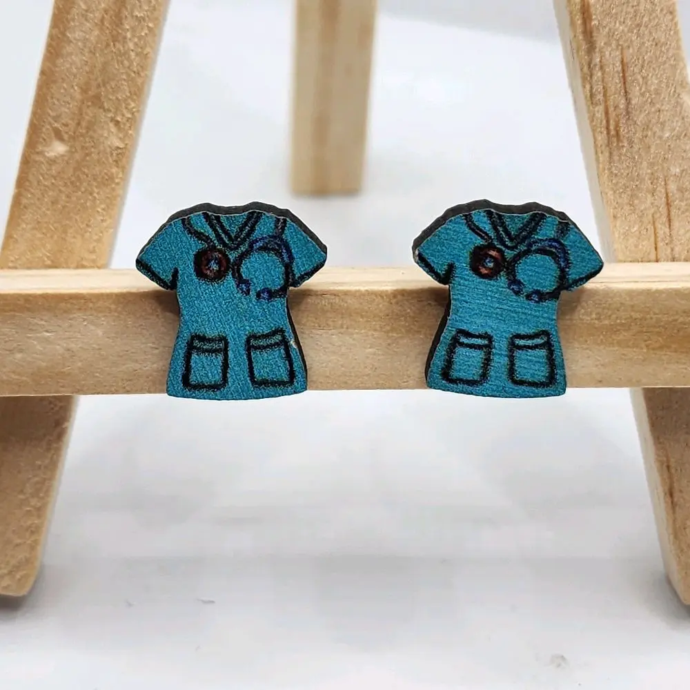Teal Wood Nurse Scrub Stud Earrings, Simple Design, for Elegant Style Costume Jewelry Fashion Accessory
