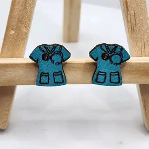 Teal Wooden Nurse Scrub Stud Earrings with Simple Design for Elegant Style