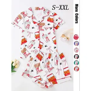Women’s fried chicken print shirt and shorts pajama two-piece set; casual, comfortable short-sleeve collared top and shorts PJ set; women’s sleepwear for all seasons loungewear pajamas fashion