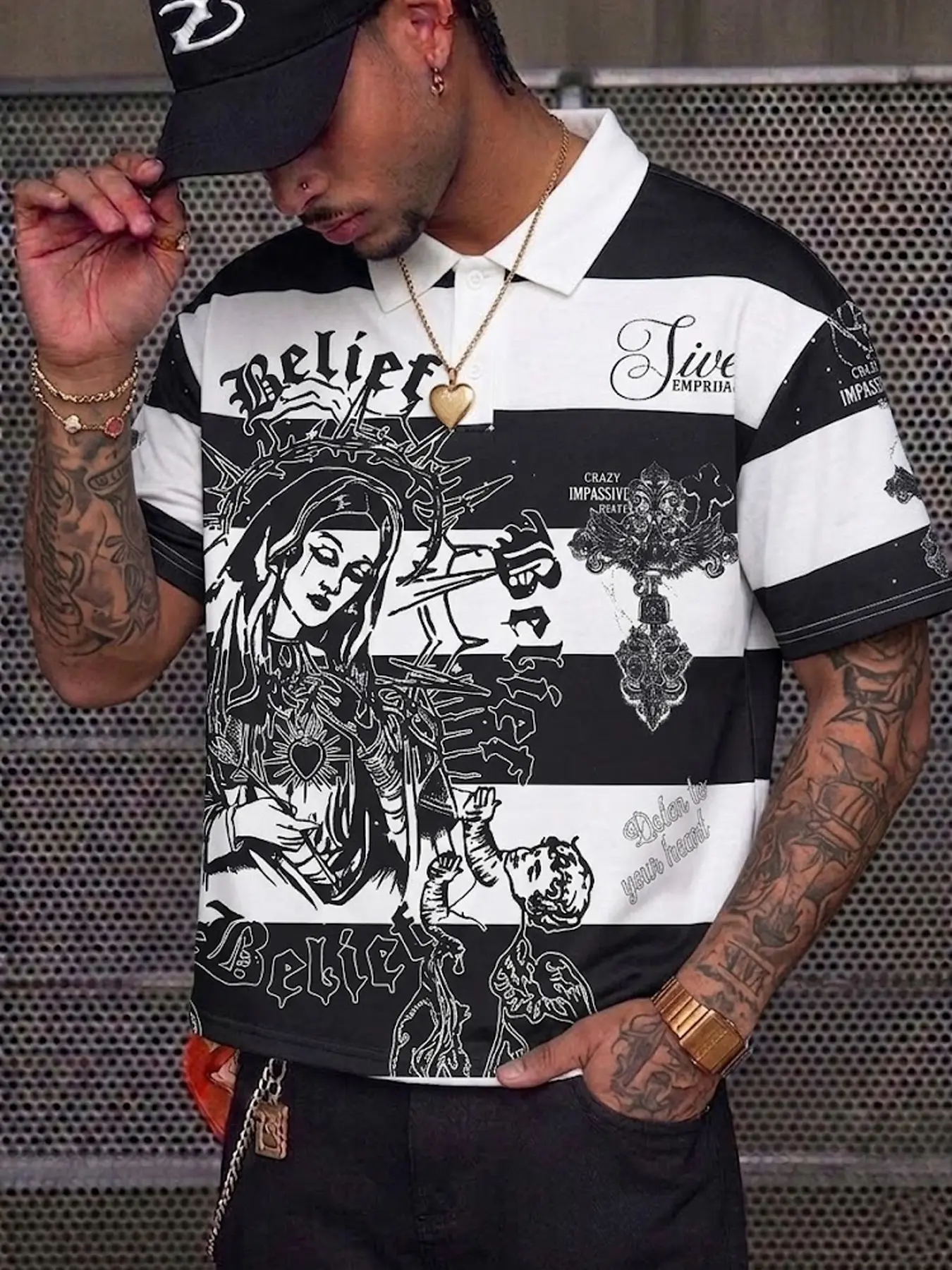 Men's Polo Shirt, Striped Cross Nun Pattern, Casual Loose-Fit Short Sleeve, All Seasons, Fashion Trendy Streetwear, Menswear