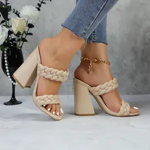Women's Braided Heeled Sandals Summer Square Open Toe Chunky Block Heels JX