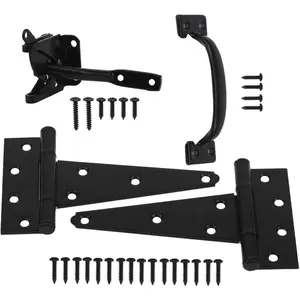 Heavy Duty 6" Wood Gate Hardware Set, Gate Tee Hinge Pull Set Kit with Screws Black Finish for Outdoor Fence Swing Gate