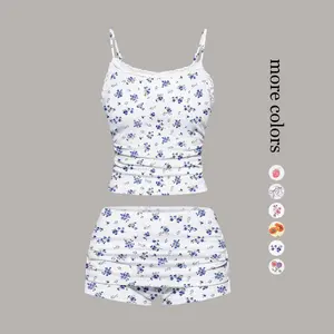 Women's 2-Piece Aesthetic Spaghetti Strap Camisole & Bottoms Nightwear Set - Thin Light Polyester Spandex, Adjustable Top, Lace-Trimmed Elastic Waist Shorts, Fits Summer Loungewear Vibe