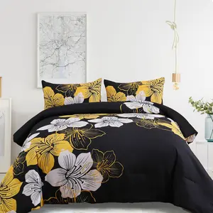 California King Comforter Set Black/Gold Floral Bedding Comforter Sets, Soft Microfiber Bed Set for All Season 3 Piece Botanical Flowers Comforter, Pillowcases