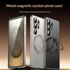 Suitable for Samsung Galaxy S25 Ultra Metal Frame Phone Case with Built-in 360-degree Rotating Stand Lens Metal Protection, PC Back Panel + Metal Frame for Galaxy S24Ultra Phone Case