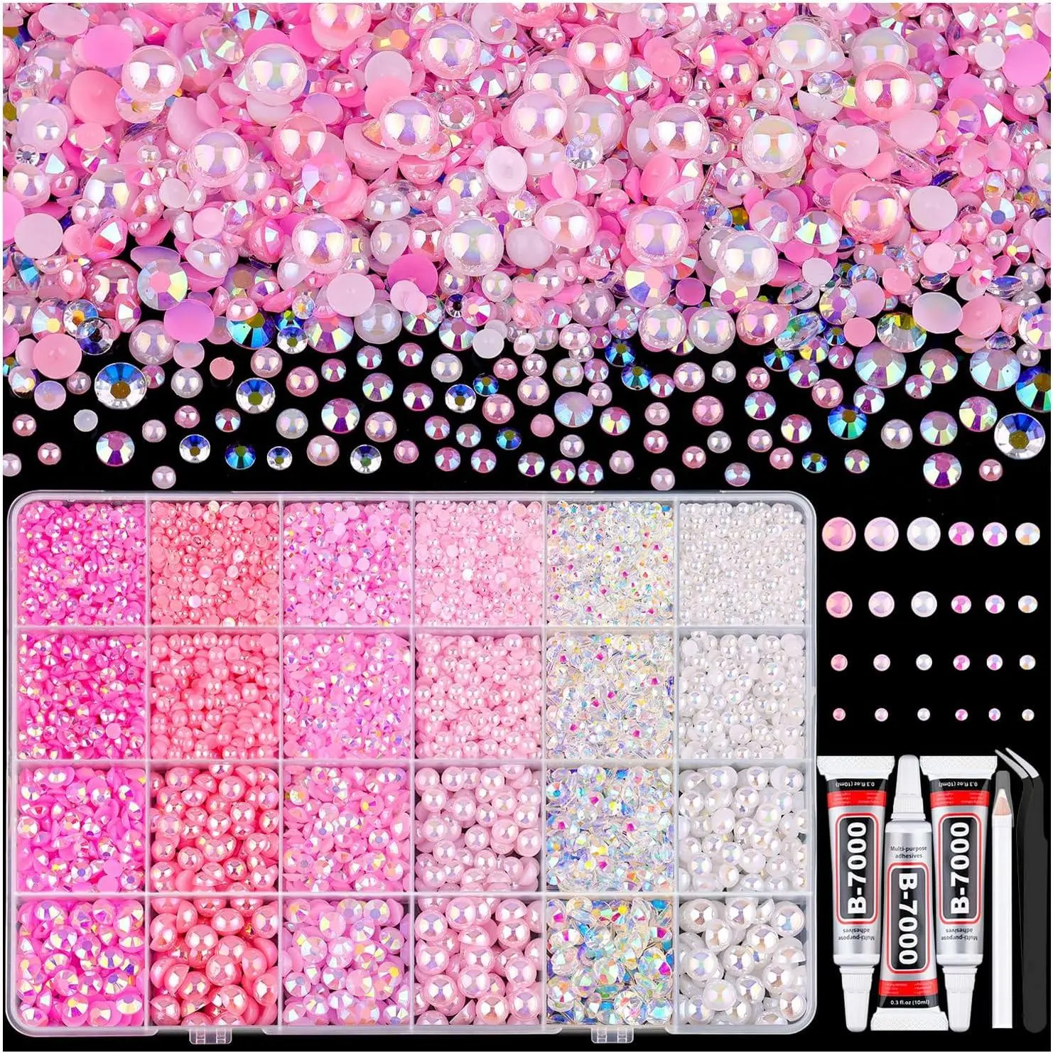 3D Nail Art Rhinestones Kit with 9000pcs Pink & White Acrylic Gems and Flatback Pearls, Assorted 3-10mm Sizes for DIY Nails at Home, Includes 3 B7000 Glues, Tweezer & Pencil, Adhesive Gems, Artificial Gems, Ladies