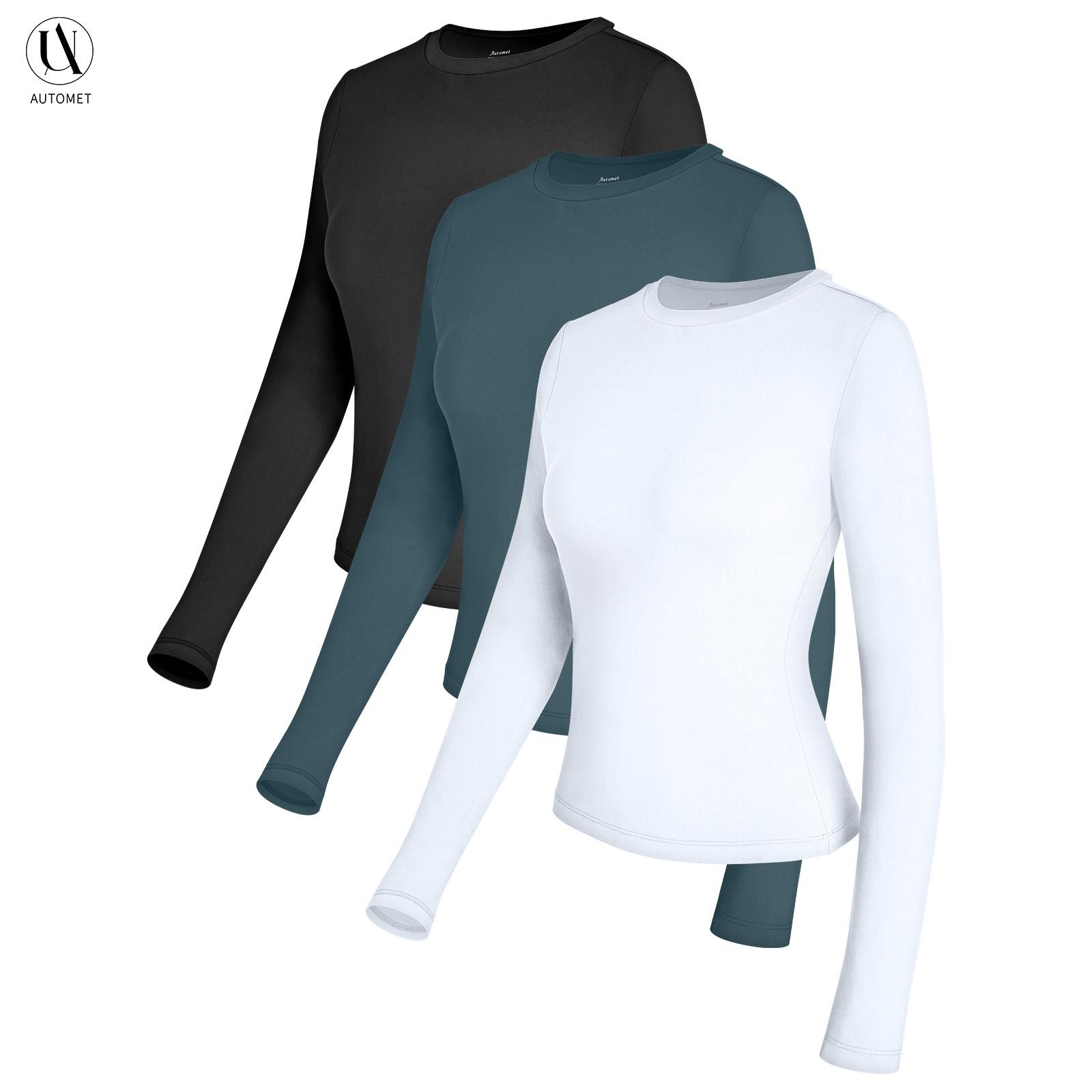 AUTOMET Women's 3-Piece Long Sleeve Basic Crop T-Shirts - Slim Fit, Soft Polyester Fabric, Round Neck, Simple Style, Fall Fashion, Going Out Tops, Y2K Underscrubs Layer, Haze Blue/White/Black Womenswear Blouses & Shirts women, Streetwear, Cargo,summerwins