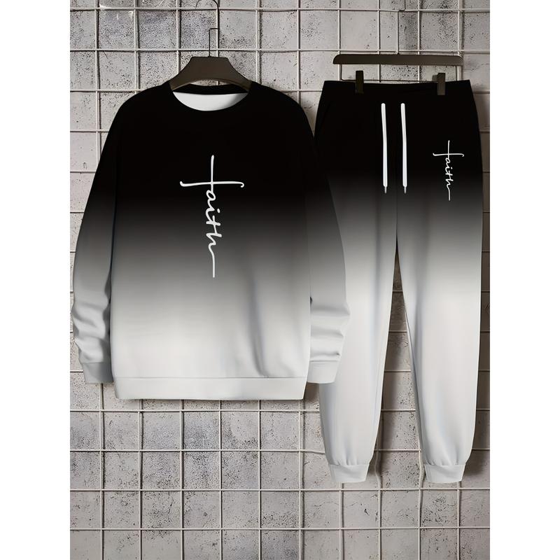 Men's casual polyester fiber spring and autumn sports suit, round neck long sleeved, printed T-shirt+sports pants, loose home clothes