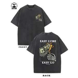 Men'S 230g Heavyweight Graphic T-Shirt |   Double-Sided "Easy Come Easy Go" Money and Flames Print, Loose Fit Streetwear Tee for Outdoor Adventures, Machine Washable, Casual Gift for Men, Adventure Clothing, Skull Print, Durable Fabric