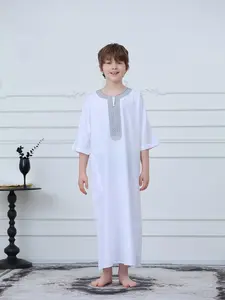 Boys' Short Sleeve Embroidered Thobe for Ramadan, Loose Fit Moroccan Robe, Comfortable Modest Middle Eastern Muslim Dress for Kids