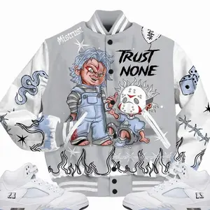 Retro White Metallic 5s Outfits Varsity Jacket, Scary Trust No One Unisex T-Shirts To Match Sneakers Streetwear