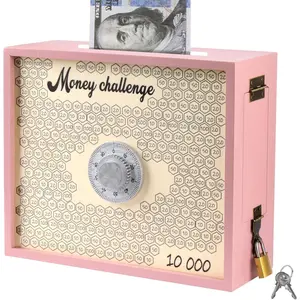 10000 Savings Challenge Box with Lock Large Wooden 10k Reusable Coin Money Challenge Cash Vault Pink Saving Box for Adults and Kids