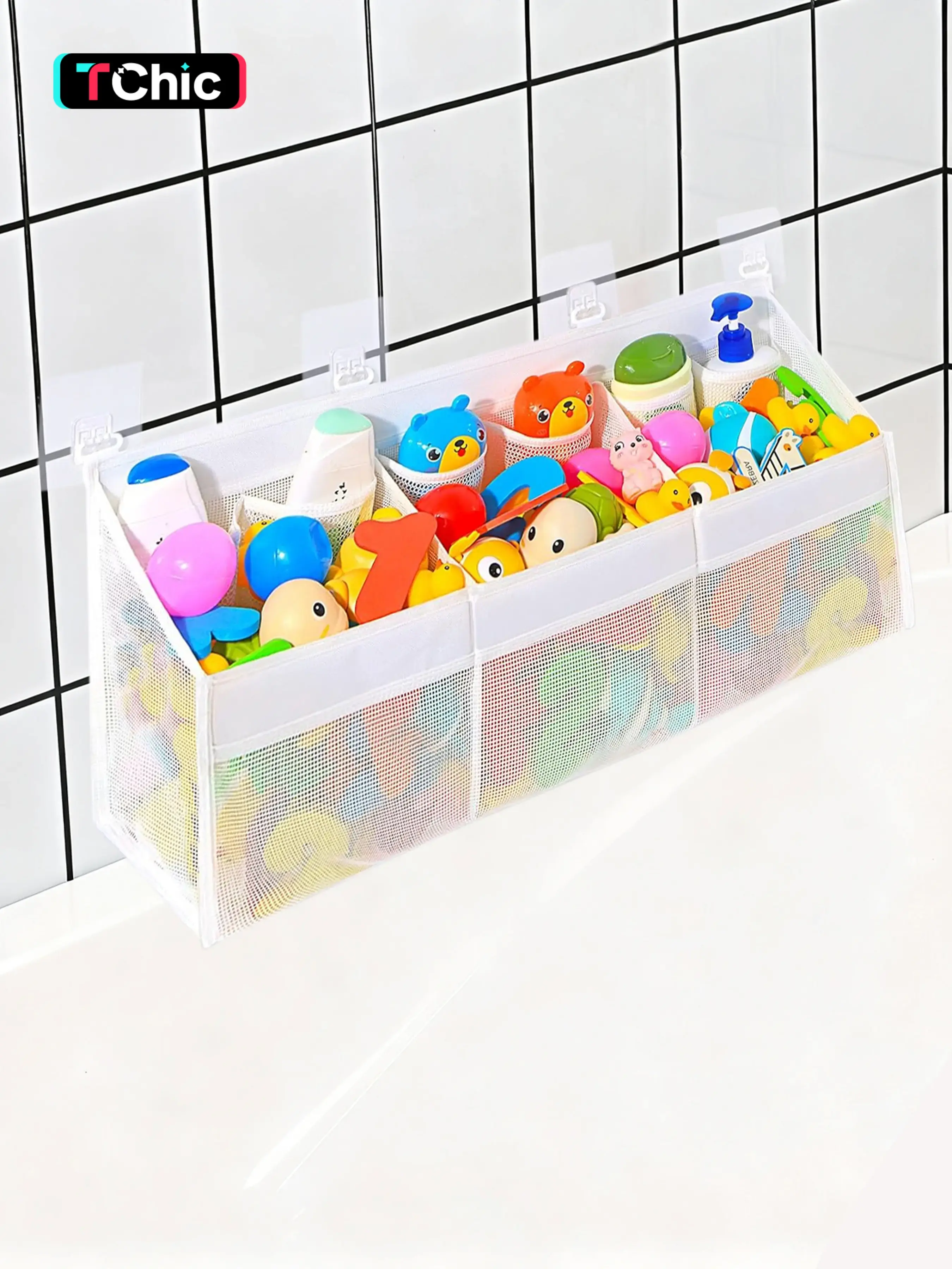 Original 3 Compartment Horizontal Large Openings Bath Toy Organizer for Tub, Capacity Upgrade Bath Toy Storage, for Easy Access and Sorting of Toys, Mesh Baskets, Home Organizer, Bathroom Storage Basket, Organizing Baskets