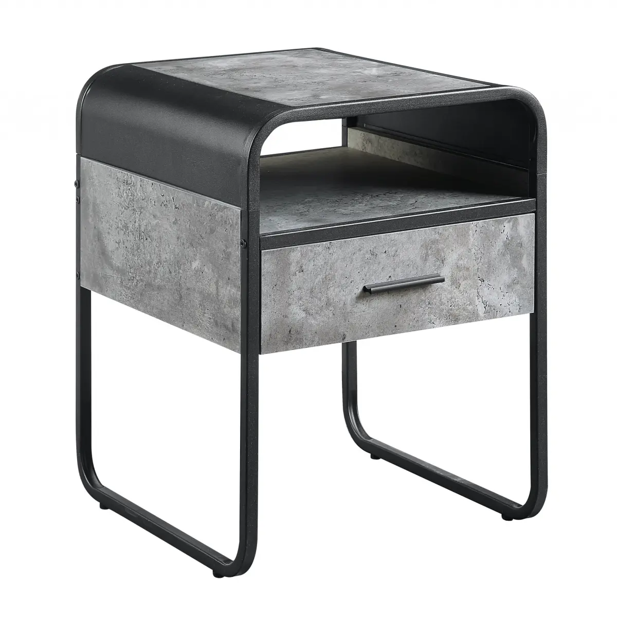 HomeRoots 22x18x18 in. Contemporary Manufactured Wood & Metal Square End Table with Drawer, Shelf, Black & Concrete Gray (Model 486420) - Holds Lamp and Frames, Entryway Table, Contemporary End Table