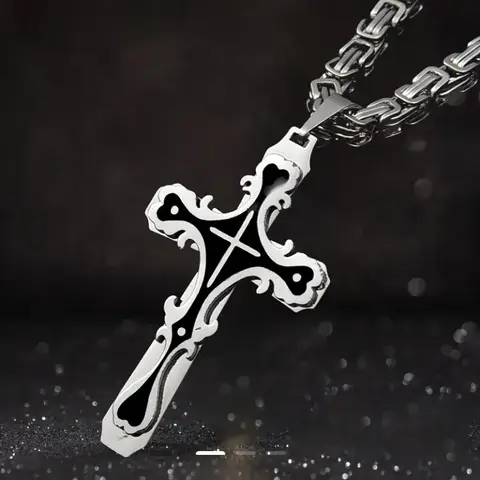 Men's Stainless Steel Cross Necklace – Edgy Religious Pendant Chain, Polished Finish Streetwear Jewelry for Casual Outfits