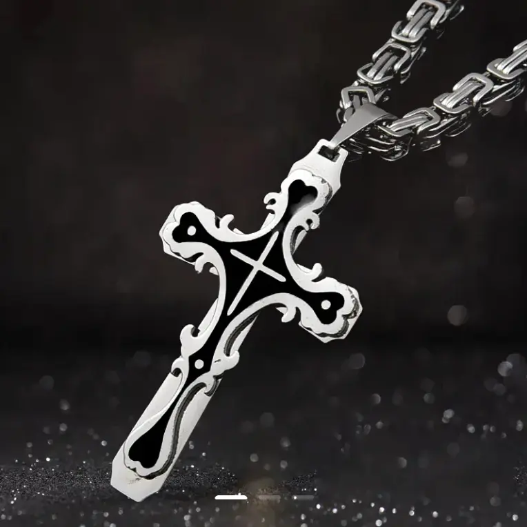 Men's Stainless Steel Cross Necklace – Edgy Religious Pendant Chain, Polished Finish Streetwear Jewelry for Casual Outfits