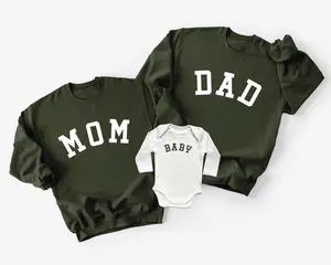 Gildan Cozy Oversized Mom Dad and Baby Matching Green Sweatshirts and Bodysuit Set for Family Matching Outfits Crew Neck Design Army Green Cotton/Poly Adult Sweatshirts White Soft Stretchy Baby Onesies