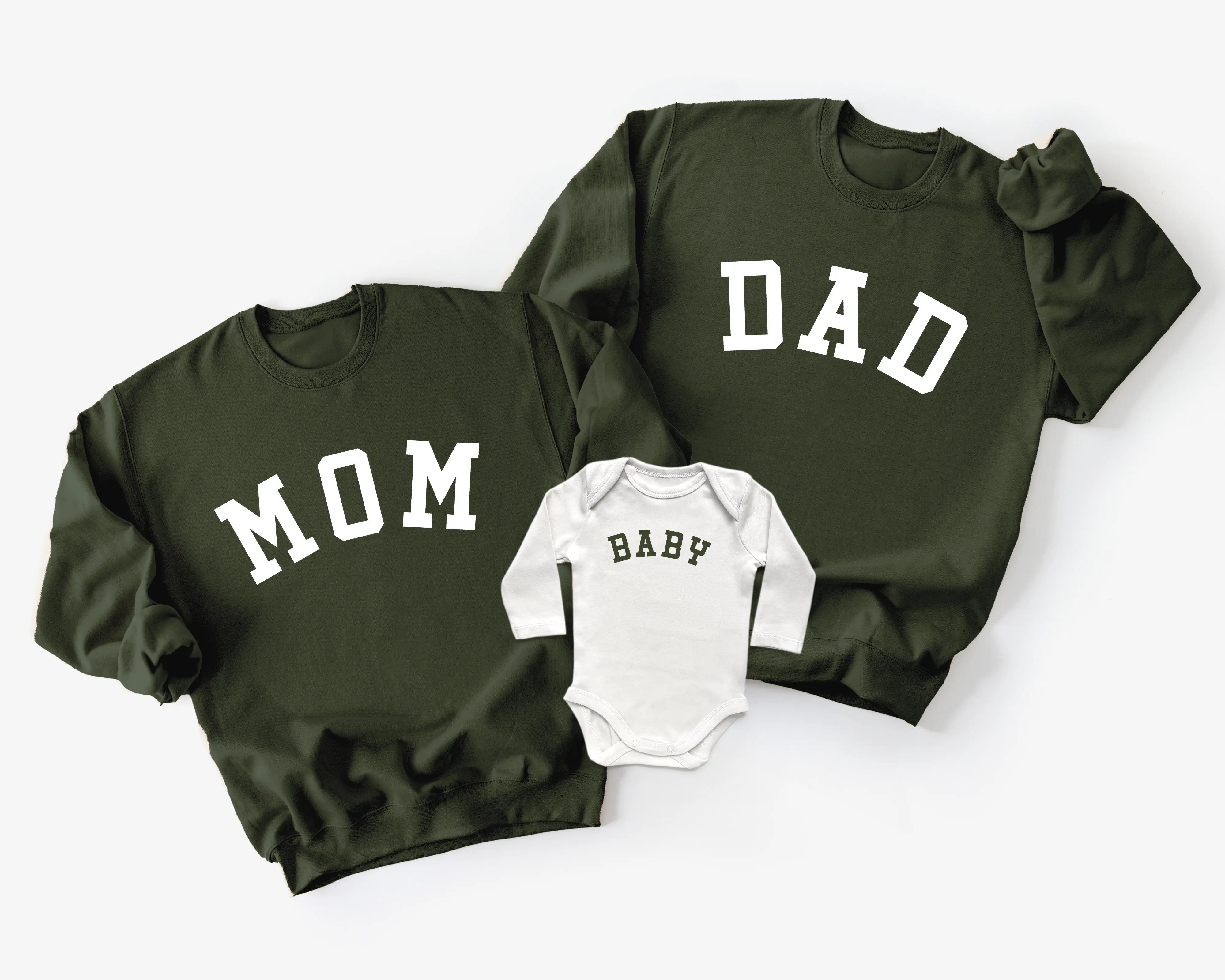 Gildan Cozy Oversized Mom Dad and Baby Matching Green Sweatshirts and Bodysuit Set for Family Matching Outfits Crew Neck Design Army Green Cotton/Poly Adult Sweatshirts White Soft Stretchy Baby Onesies