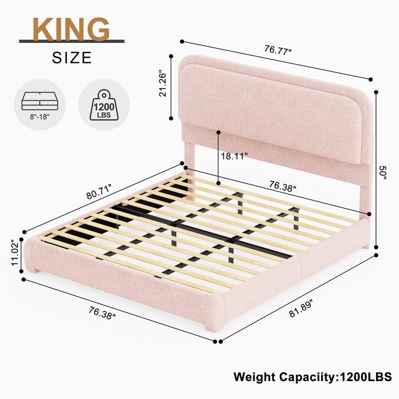 SIBEDS Queen Size Bed Frame with LED Lights, Princess Pink Teddy Fleece Rounded Corner Upholstered Platform Bedframe with Headboard, Modern Style, Soft Rounded Corners, Noise Free, No Box Spring Needed, Easy Assembly