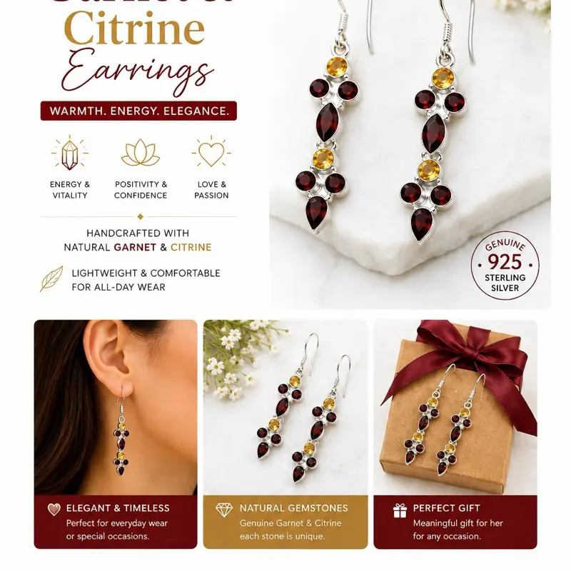 Garnet & Citrine Earrings  | 925 Sterling Silver | Handmade Gemstone Dangle Earrings