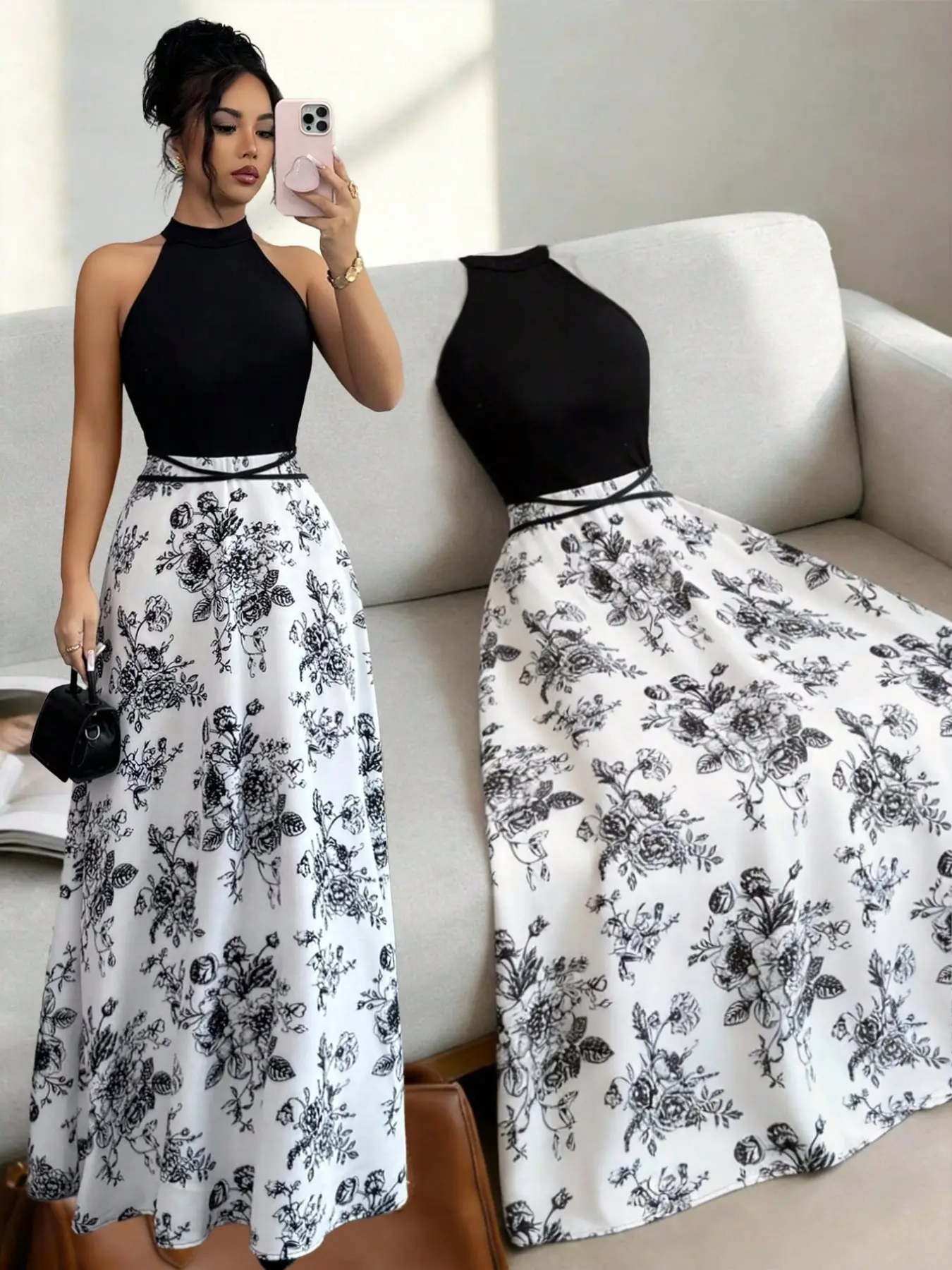 Elegant Chic Halter Neck Dress, Open Neckline Design, High-Waisted, Retro Vintage Floral Print Pattern, Perfect for Office Wear, Dates & Casual Wear