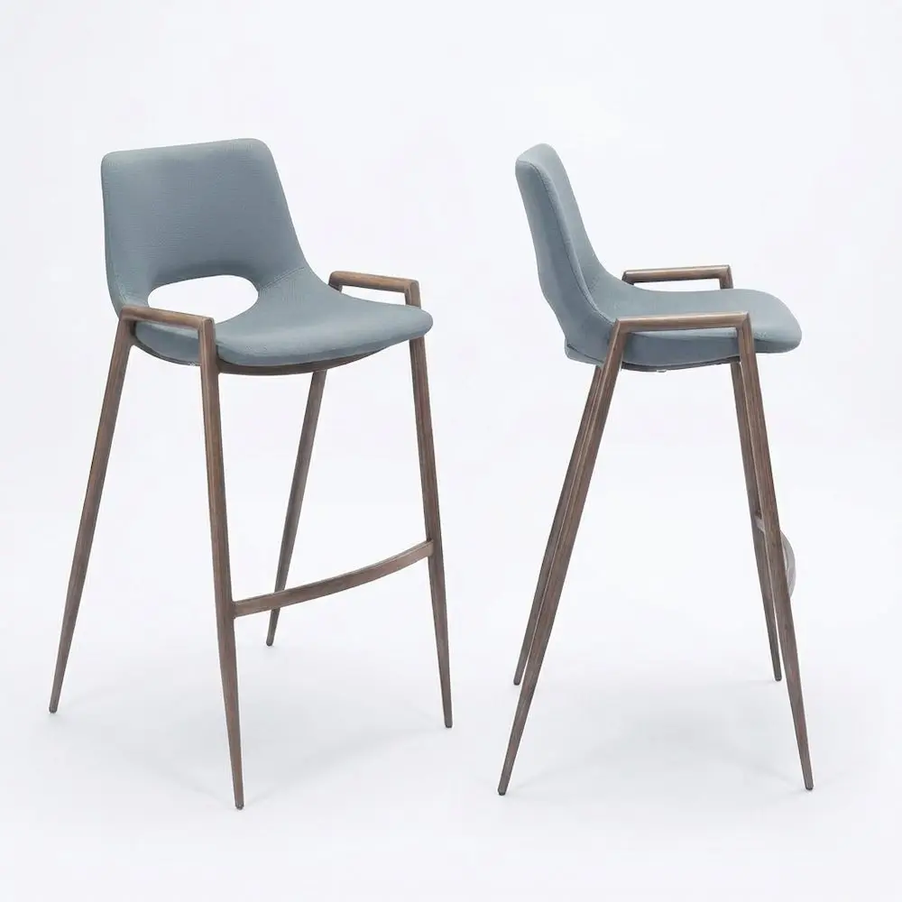 2-Seat Contemporary Grey Solid Indoor Bar Stool Set - Plywood Frame, Polyurethane Upholstery, Two Seats