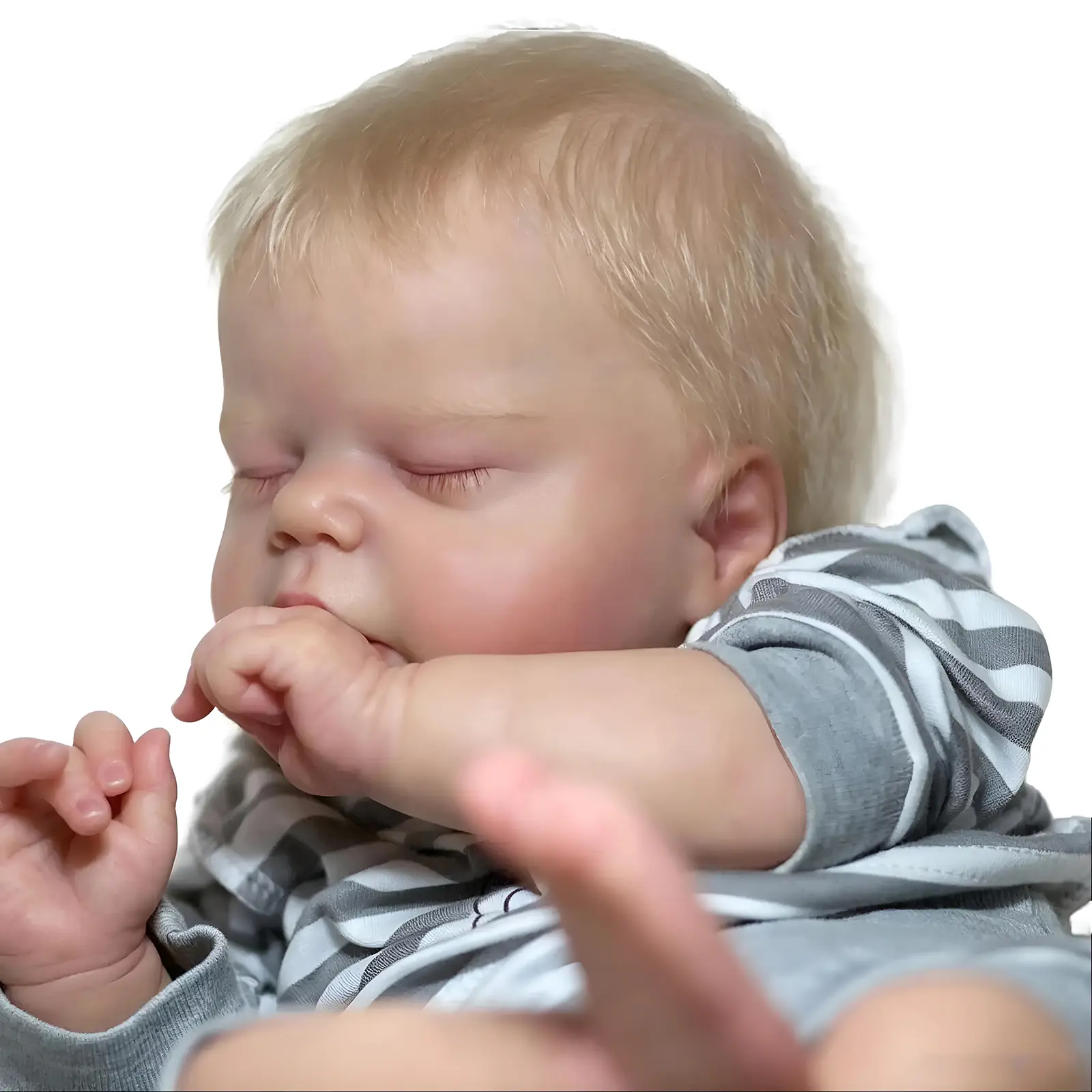 22 in Lifelike Reborn Baby Doll, Soft Cloth Body Vinyl Doll with Blonde Hair & Grey-White Striped Bear Top, Realistic Newborn Toy for Kids Age 3+