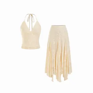 Cider Lace V-neck Halter Neck Top & Asymmetrical Ruffle Midi Skirt Set SwimWeek