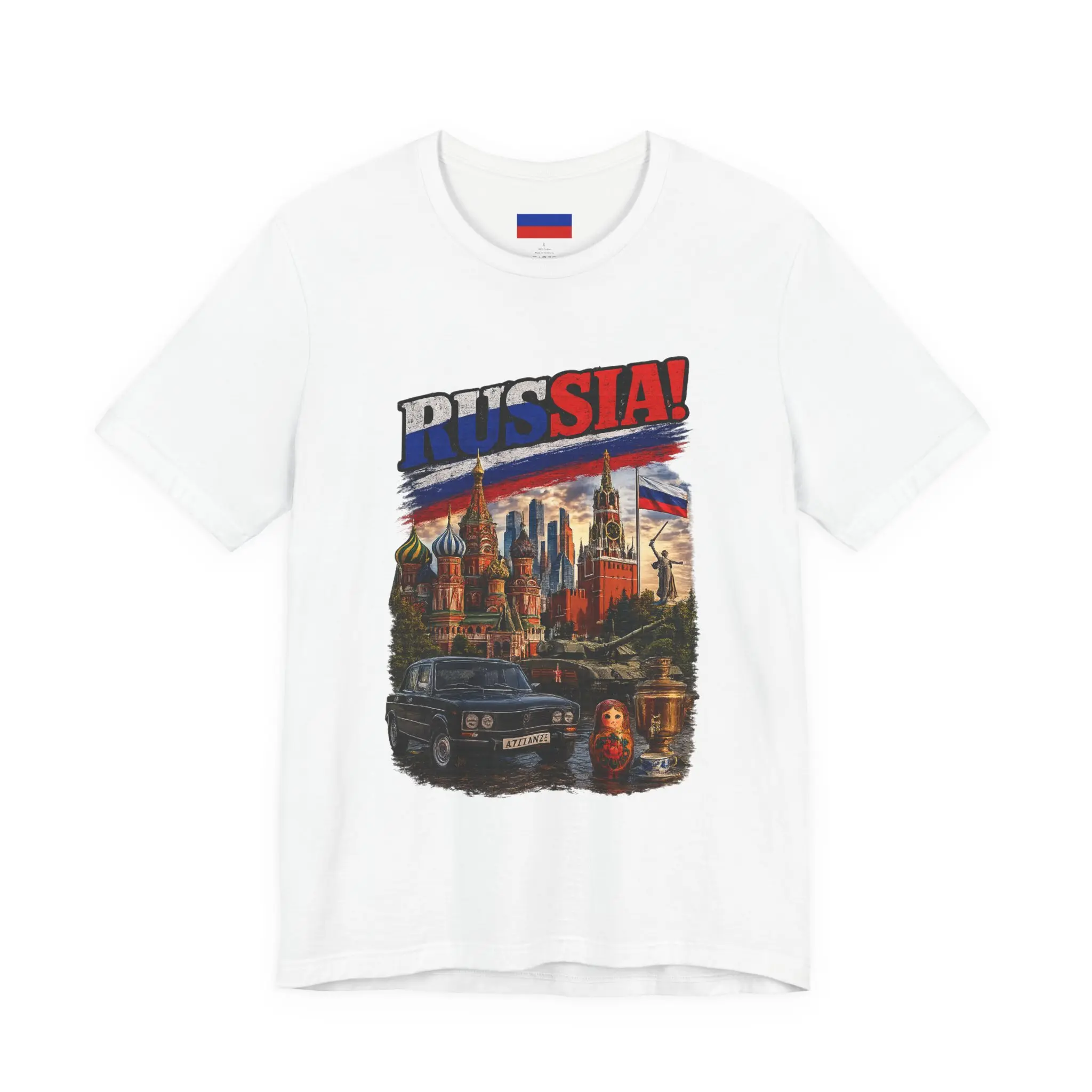 Russia Skyline Vintage Car T-Shirt | Russian Flag Graphic