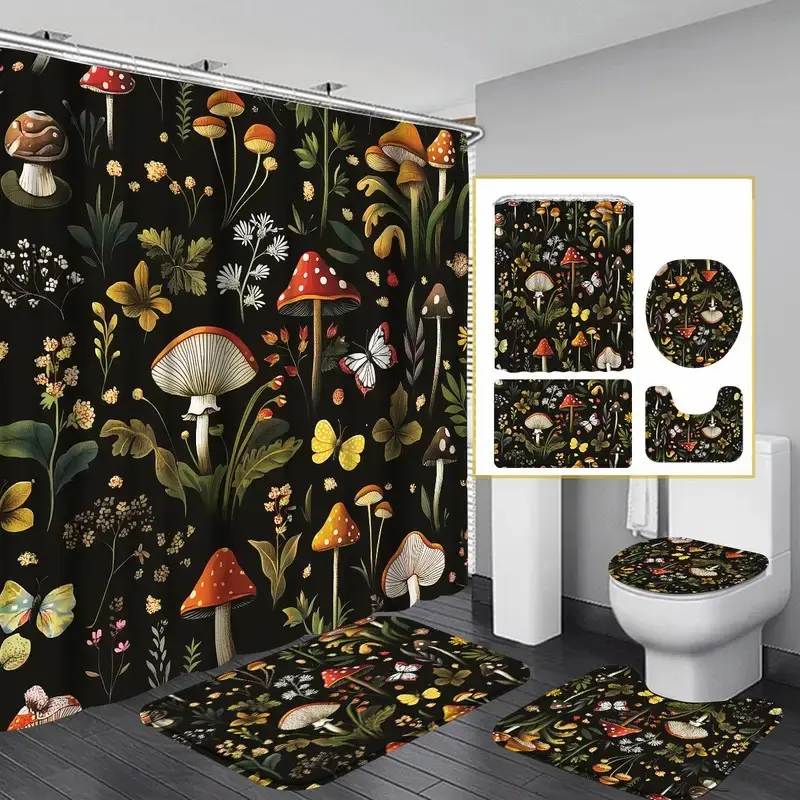 1/4pcs Retro mushroom and floral pattern Decorative shower curtain set, Bathroom Curtains Shower Set, non-slip mat, U-shaped rug, toilet seat cover, for bathroom decoration, partitioning, and beautifying, Includes 12 shower curtain hooks
