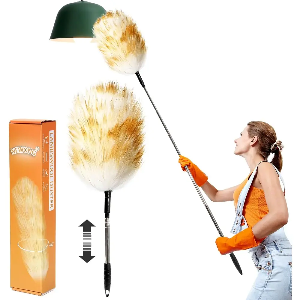 Extendable Lambswool Duster 30-55inch with Aluminium Alloy Handle, Natural Long Feather Duster for Cleaning Fans,Ceiling,Bookshelevs For Home&Office