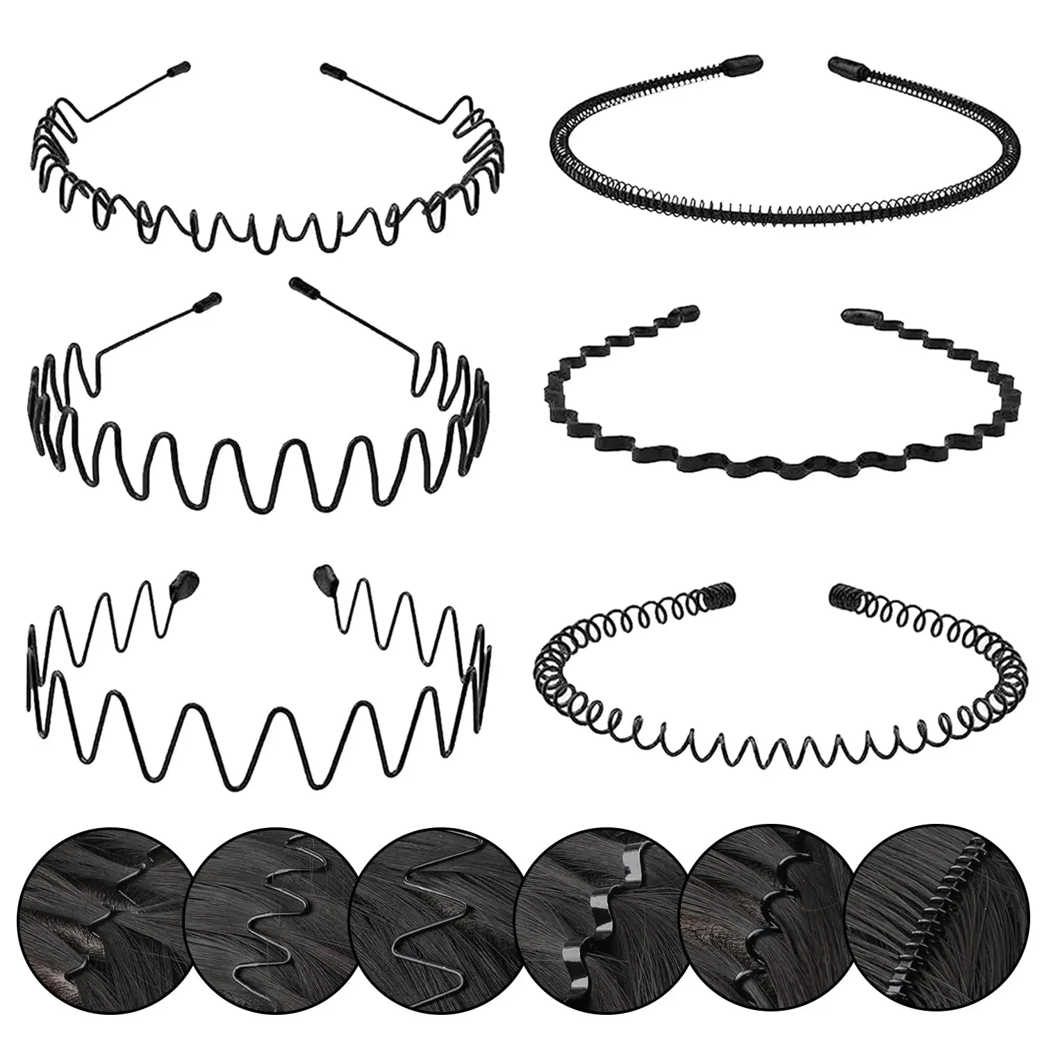 Metal Hair Band for Men Women 6 Pack, Adjustable Non Slip Metal Headband, Wavy Wire Hair Holder for Thick Curly Long Hair, Face Wash, Workout, Running, Gym & Daily Wear