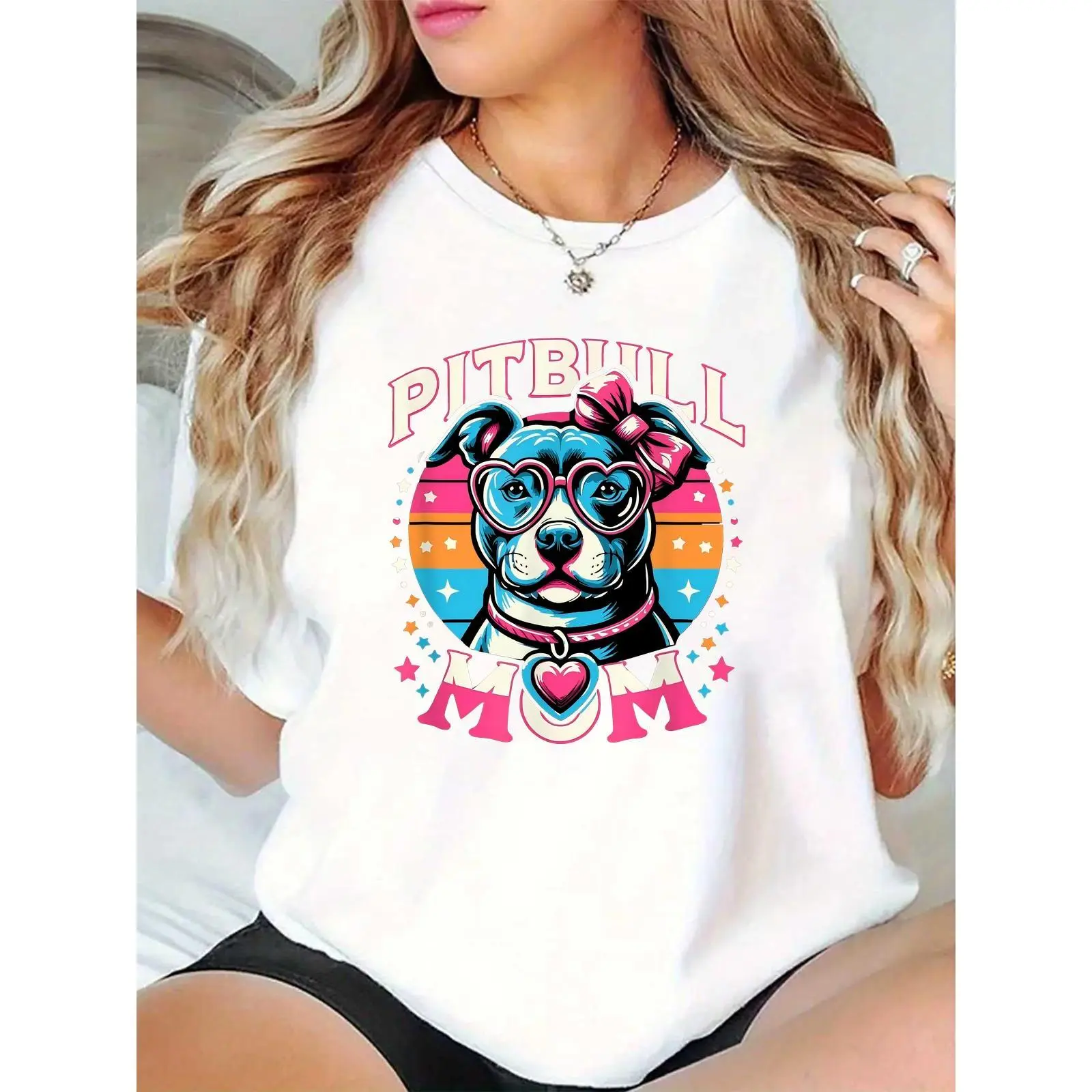 Retro Pitbull Mom Graphic T-Shirt for Women, Casual Relaxed Fit 100% Cotton Top, Lightweight Breathable Short Sleeve Round Neck, Comfortable, Loose, Crew Neck