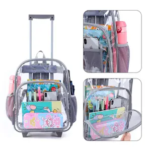 Rolling Clear Backpack, Heavy Duty See Through Bookbag, Transparent PVC Cold-resistant Backpack with Wheels