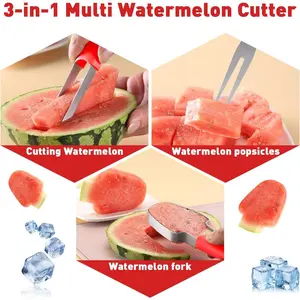 Watermelon Cutter - 3-in-1 Fork Slicer & Popsicle Maker, Multi Melon Cutter for Camping & Kitchen (Red)