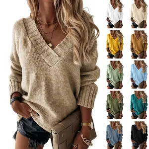 PASLTER Womens Loose Sweaters Sexy V Neck Long Sleeve Solid Knitted Jumper Pullover Sweatshirt Tops