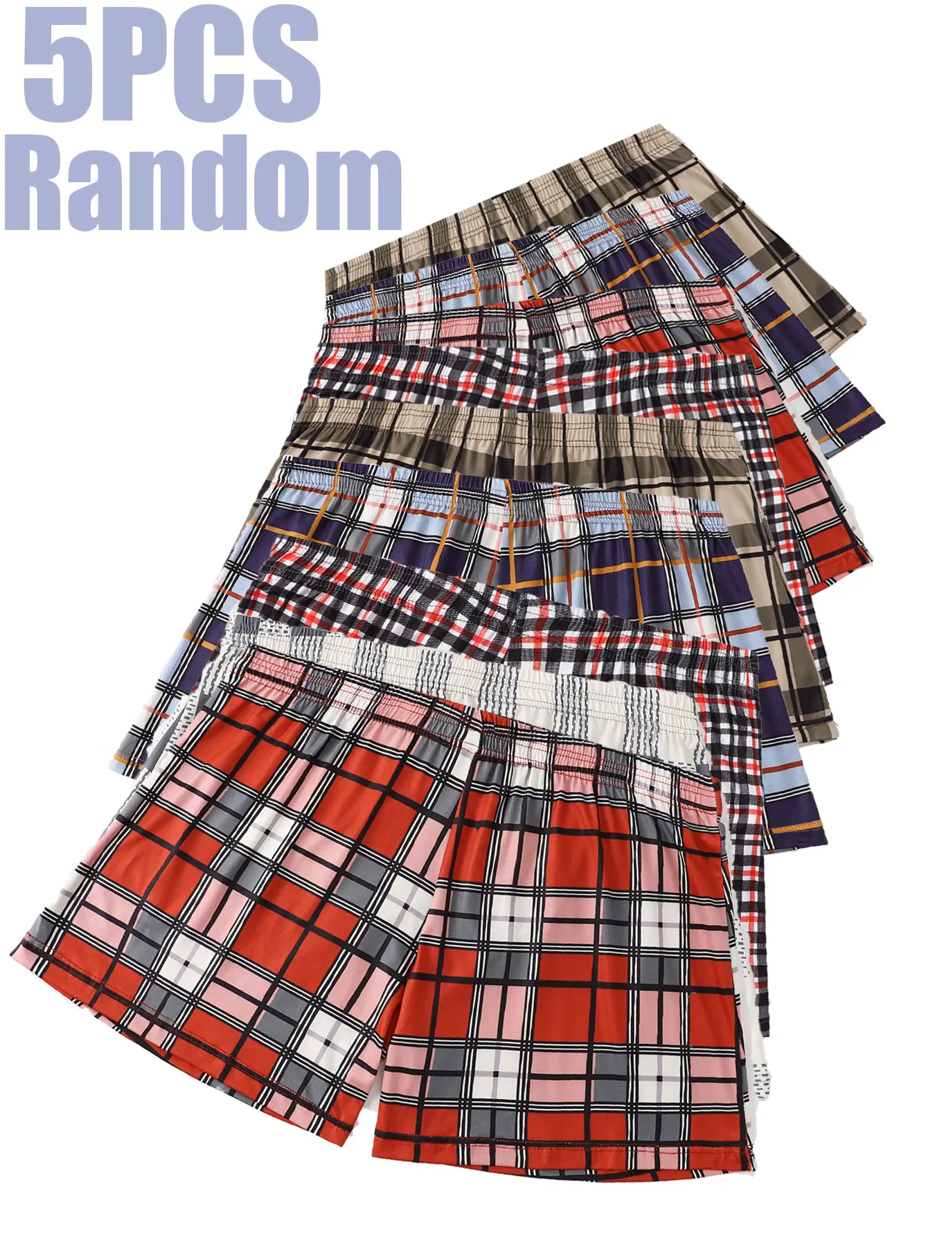 5PCS Men's Loose Fit Elastic Short Pants, Multi-Color Plaid Checked Pattern, Casual & Formal Replacement, Comfortable Clothing