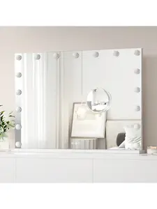 32 X 24inch Vanity Mirror With Lights With USB Charging Port, Makeup Mirror With 17 LED Bulbs, 3 Colors Modes, And 3X Detachable Magnification Mirror For Tabletop, Metal Frame Decor Crystal Room Handy Hanging Switch White
