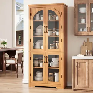 YJ-Garvee 31.50"W*15.6"D*70.1"H Kitchen Pantry Cabinet with 4 Arched Glass Doors and Adjustable Shelves, Versatile Cupboard Organizer for Kitchen, Dining Room, Living Room, Bathroom in Walnut, Natural, White, Black