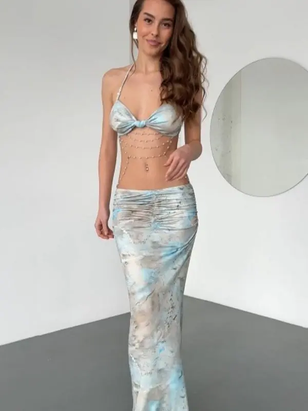 Chain Embellished Bralette Halter Bralette Top Fitted Maxi Skirt Set Womenswear Summer Outfit